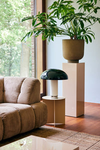 neutral display mirror pillar with camel planter in living room