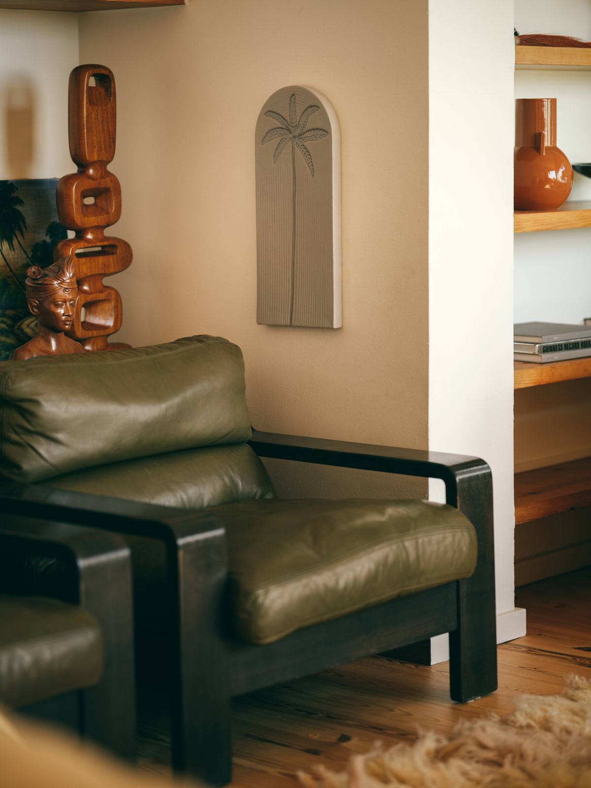 cream earthenware wall tile with palm tree