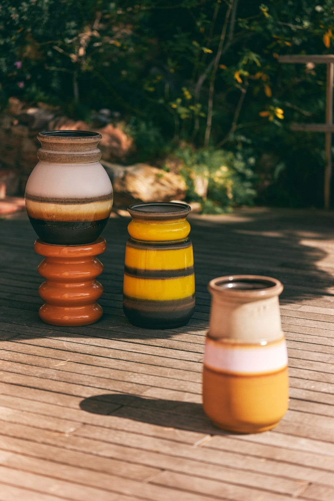 large, yellow and brown floor vase