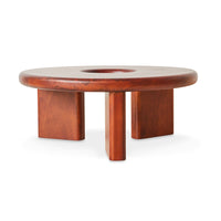 Wooden table with a round top and square base on a white background