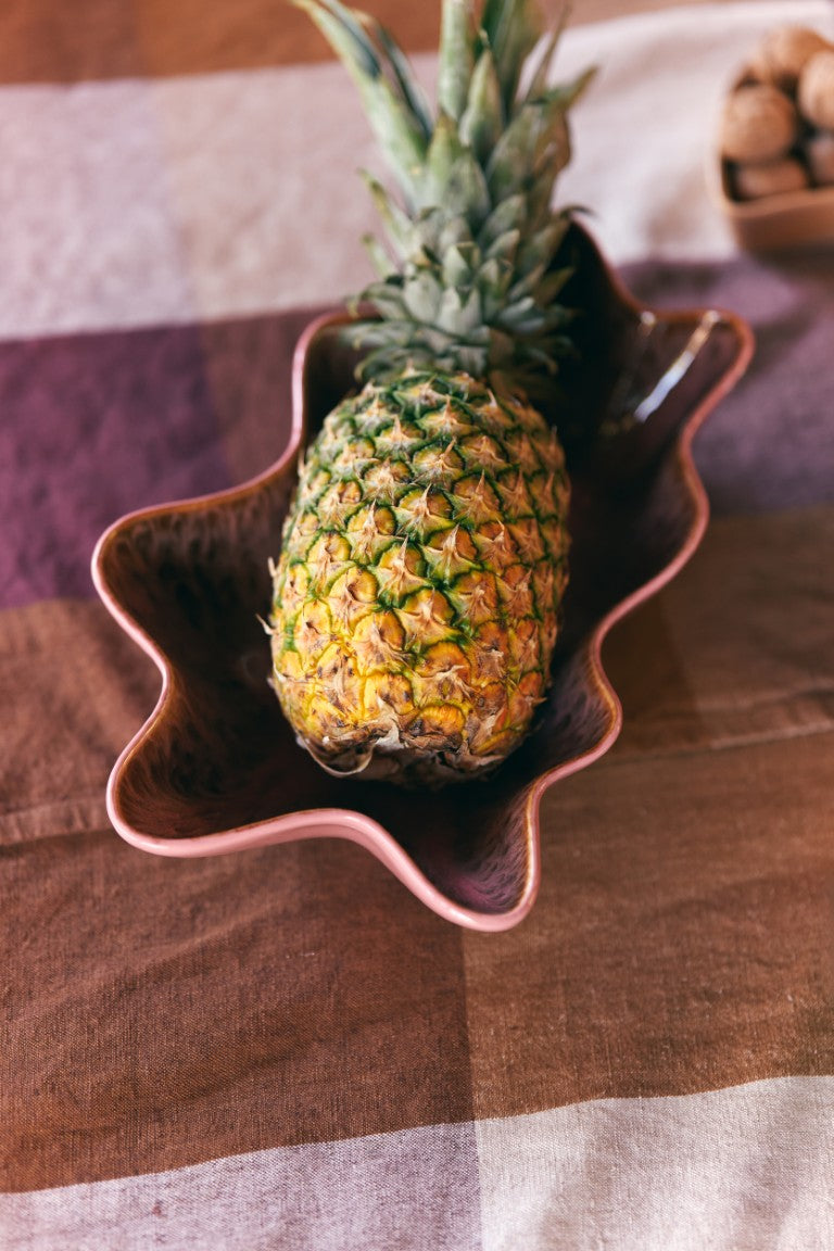 freeform shape ceramic serving bowl coral pink with yellow pineapple