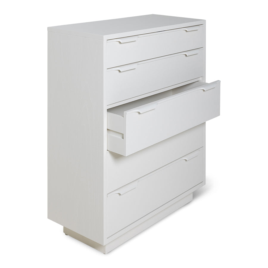 white wooden dresser with 5 drawers