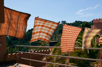 Textile items hanging on a line with a scenic background