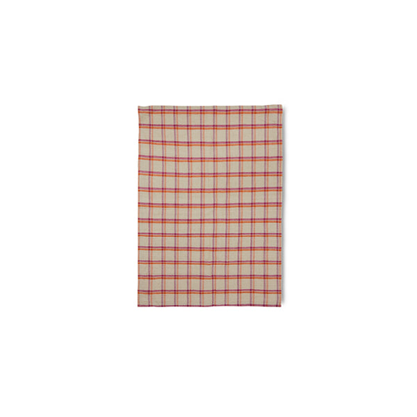 Plaid fabric with red and beige pattern on a white background