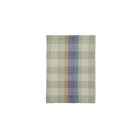 Plaid fabric swatch with green, purple, and beige colors on a white background