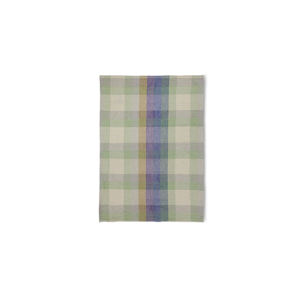 Plaid fabric swatch with green, purple, and beige colors on a white background