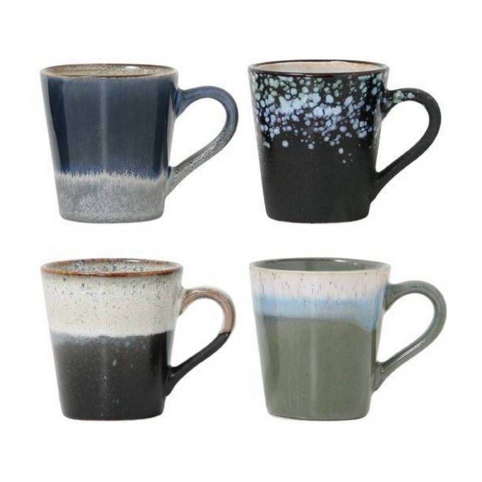 Set of four ceramic mugs with gradient designs on a white background