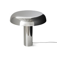 Modern table lamp with metallic base and shade on a white background