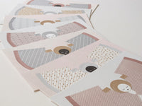 Set of decorative cards with geometric patterns and illustrations on a light background