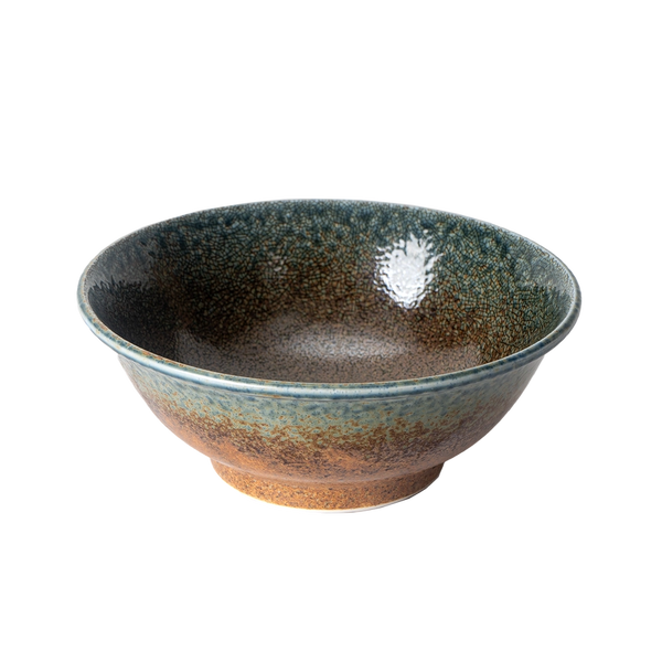 Ceramic bowl with speckled glaze on a white background