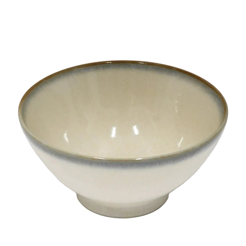 Beige ceramic bowl with brown rim on a white background