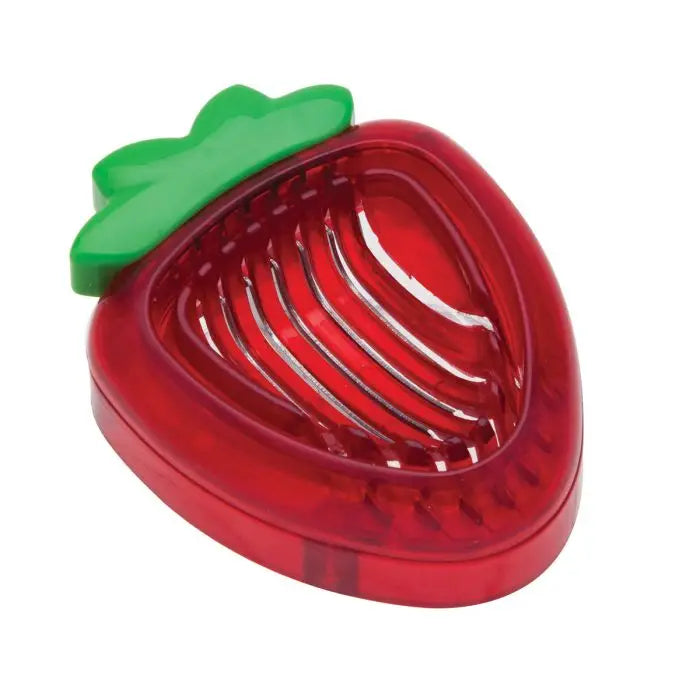 Red strawberry-shaped slicer with a green top on a white background