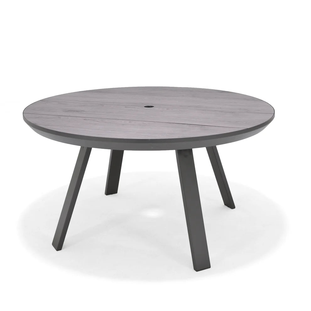 Round wooden table with four legs on a white background