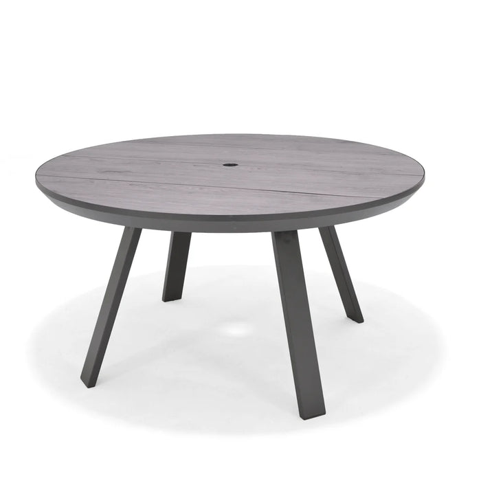 Round wooden table with four legs on a white background