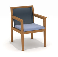 Wooden chair with blue cushion on a white background