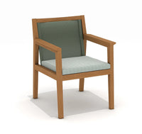 Wooden chair with green mesh back and gray cushion on a white background