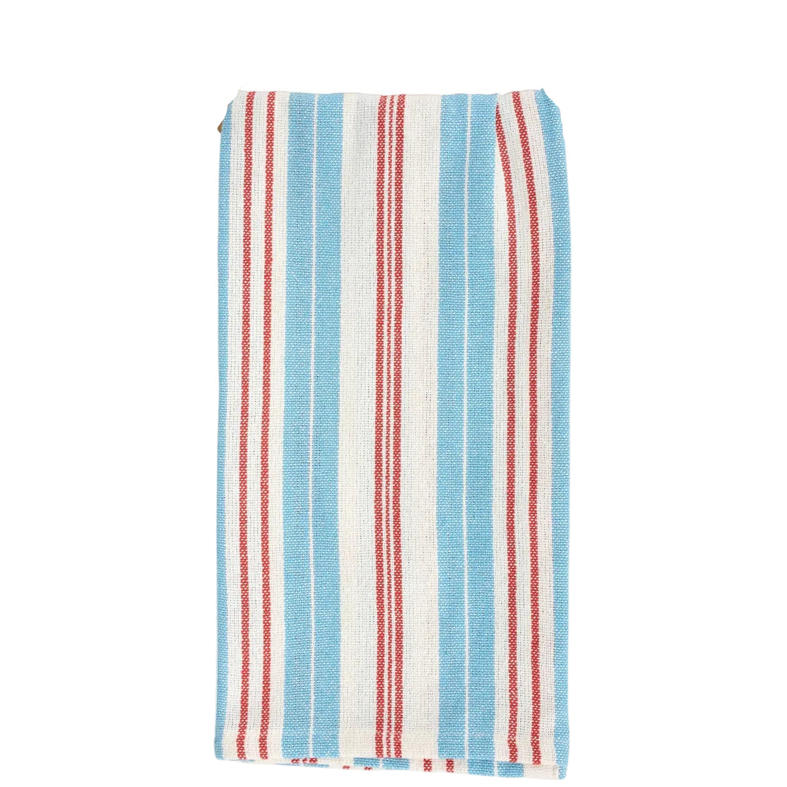 Striped towel with blue, red, and white pattern on a cardboard backing