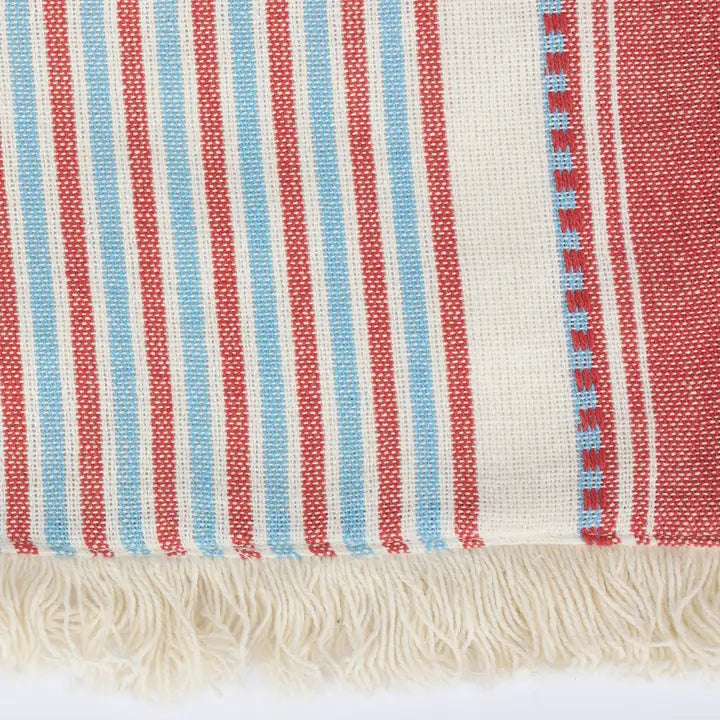 detail of americana cotton table runner with red white and blue stripes