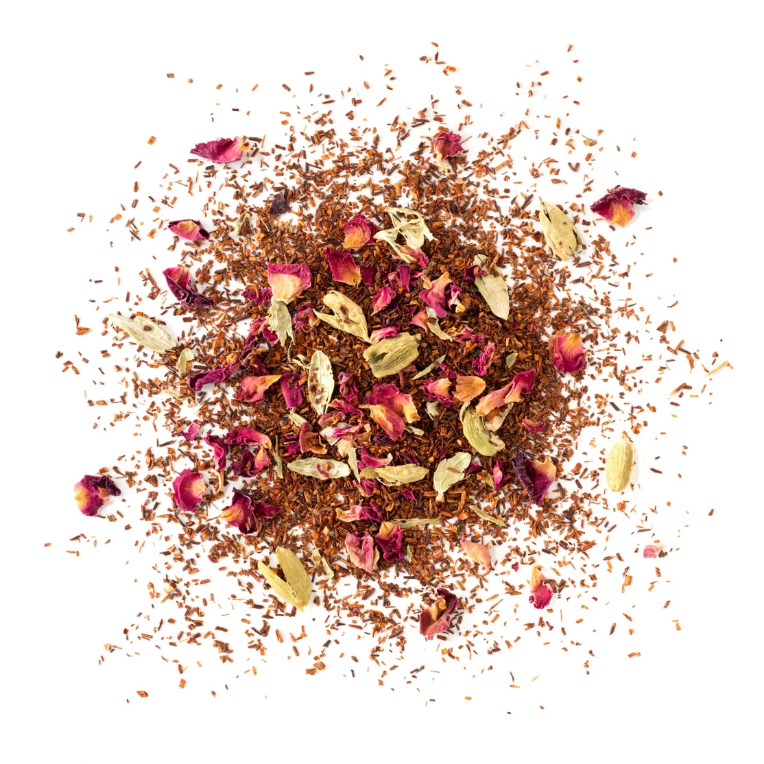 Spice mix with dried flowers and leaves on a white background