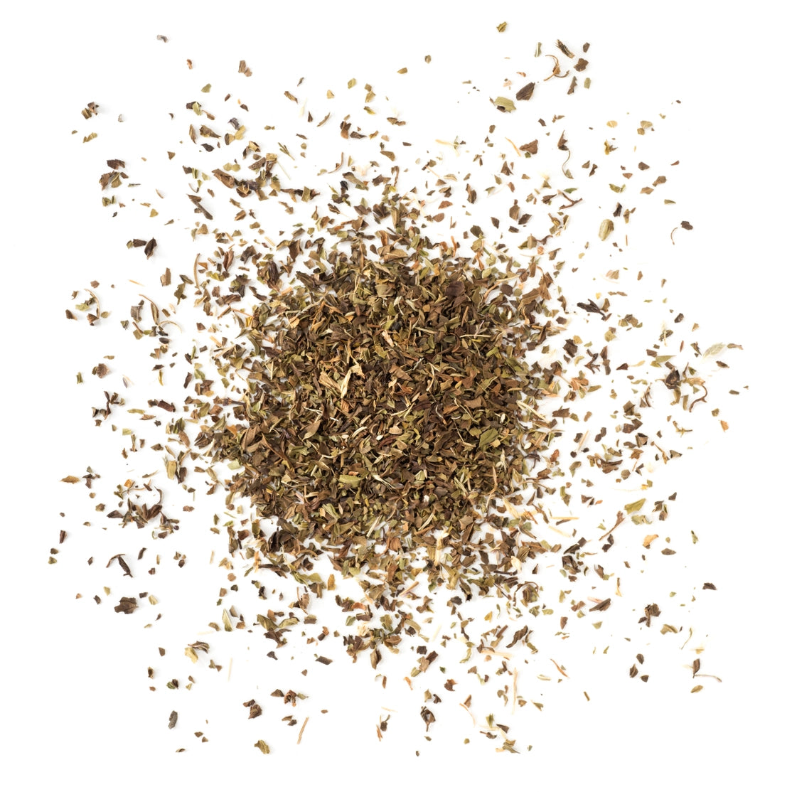 Dry tea and her leaves scattered on a white background
