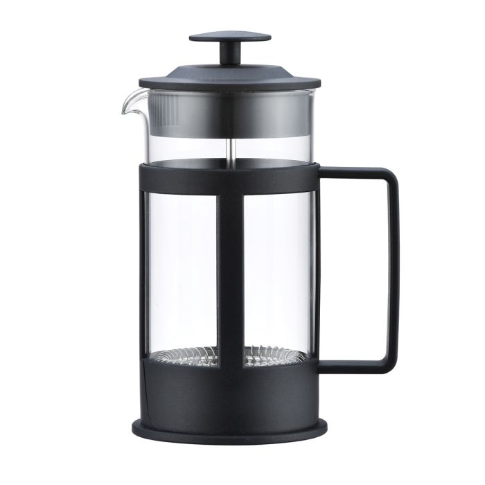 Black French press coffee maker on a white background