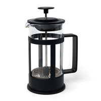 Black French press coffee maker on a white background