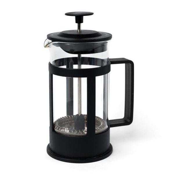 Black French press coffee maker on a white background