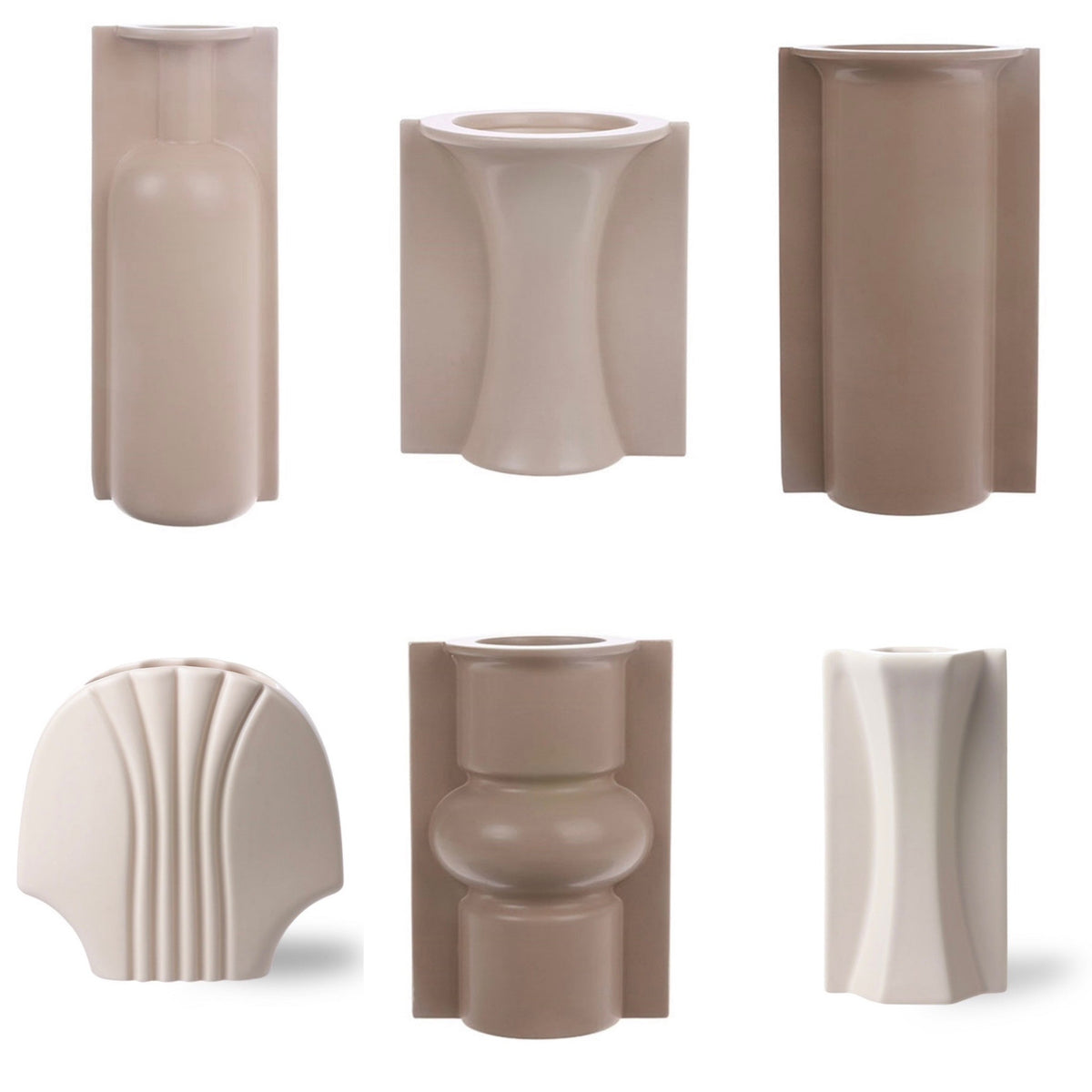 Set of various beige ceramic vases on a white background