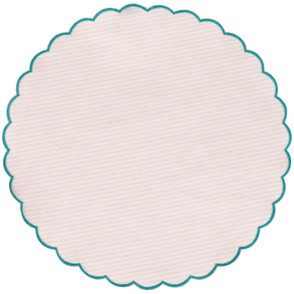 Round scalloped edge cotton placemat with teal border on a white background