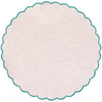 Round scalloped edge cotton placemat with teal border on a white background
