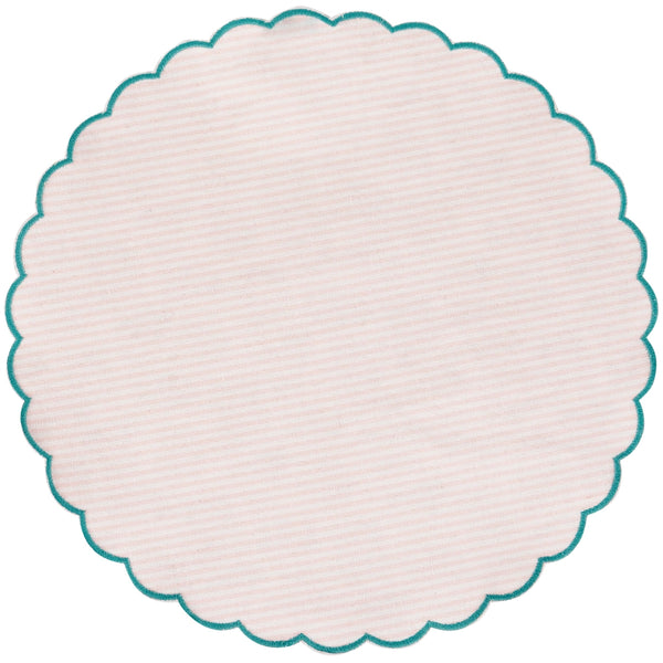Round scalloped edge cotton placemat with teal border on a white background