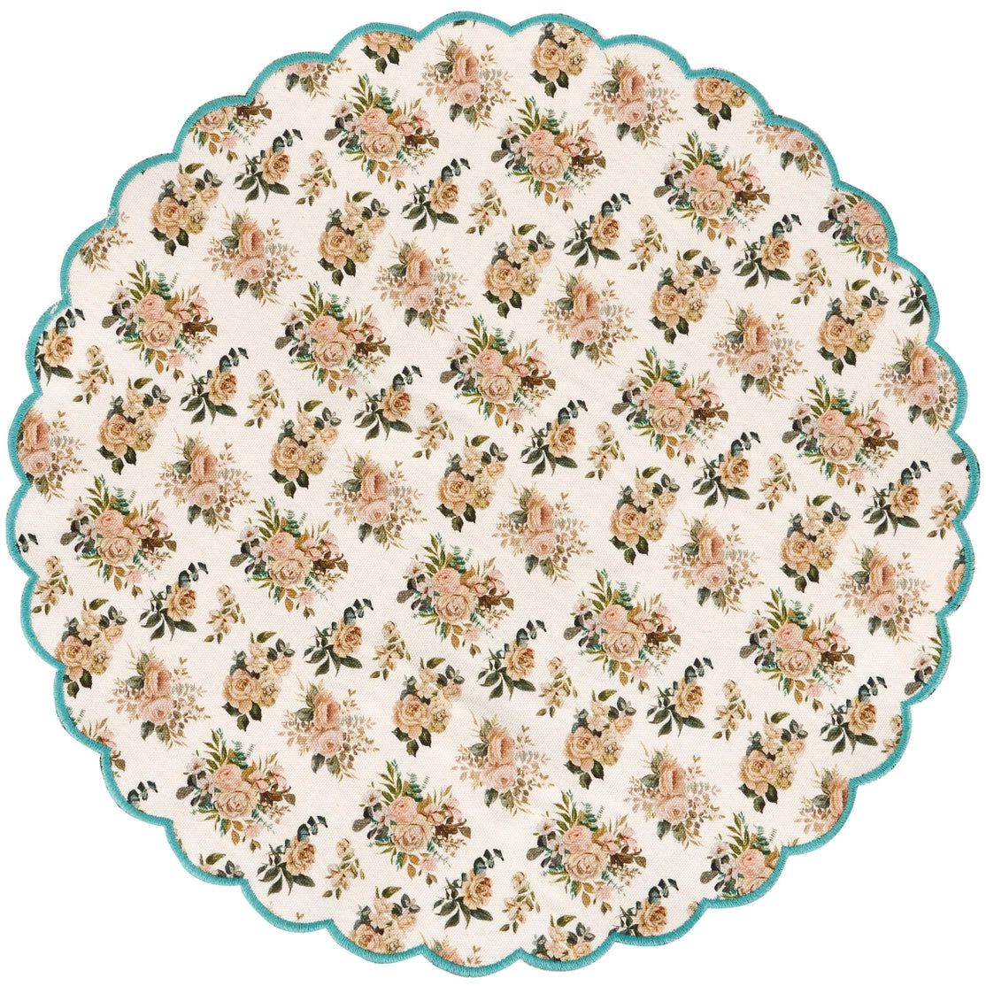 Round floral patterned placemat with scalloped edge on a white background