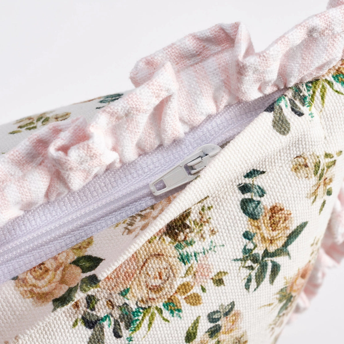 Floral-patterned fabric with a zipper on a white background