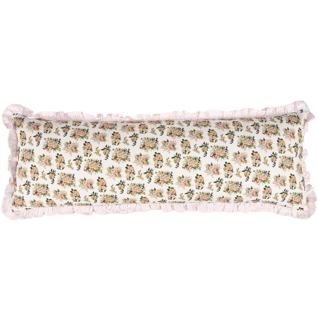 Floral patterned pillow with ruffled edges on a white background