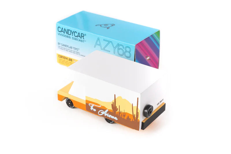 Colorful toy car with a box labeled 'Candycar AZY68' on a white background