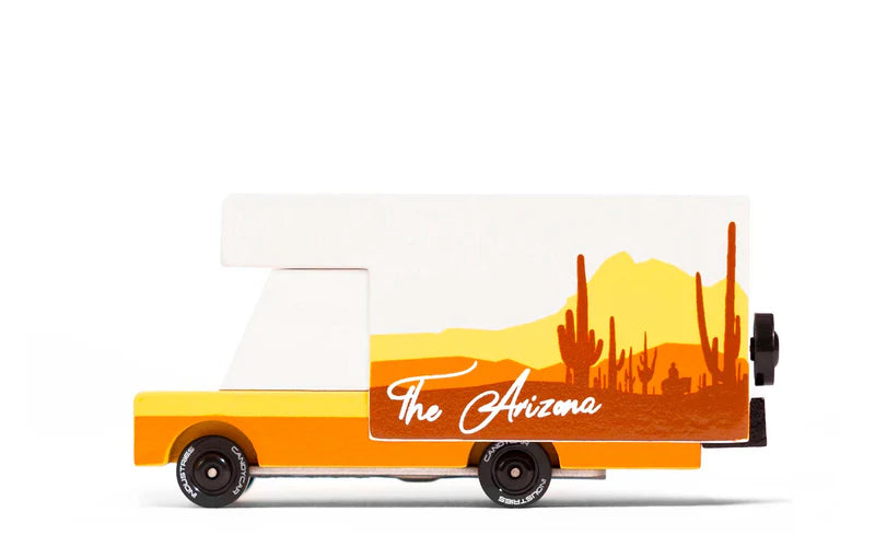 Van with 'The Arizona' branding and desert landscape design on a white background