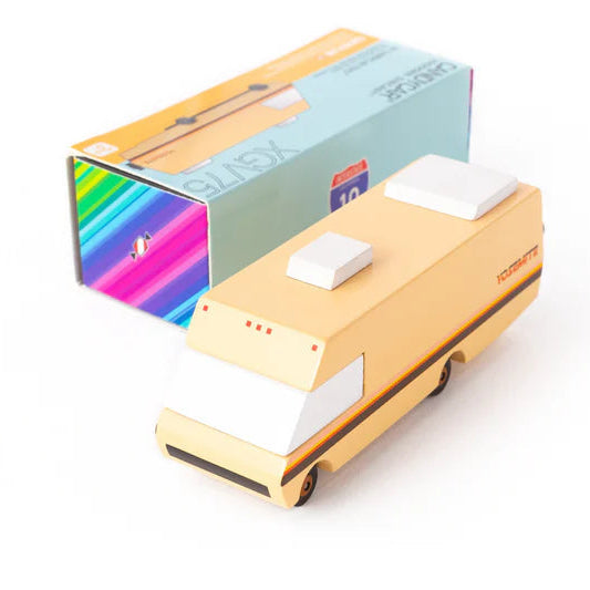 wooden RV toy car with colorful packaging on white background