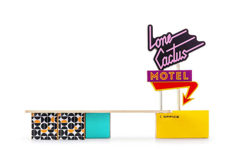 Neon sign of 'Lone Cactus Motel' on a white background