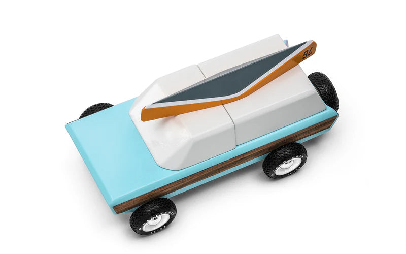 Toy car with a blue base and white top on a white background