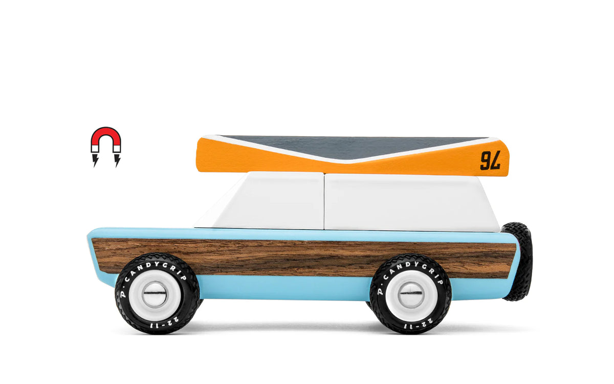 Toy car with wooden bottom and colorful top on a white background