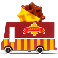 Toy truck with a waffle cone on top against a white background