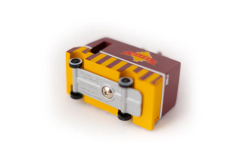 Small rectangular car with a yellow and brown design on a white background