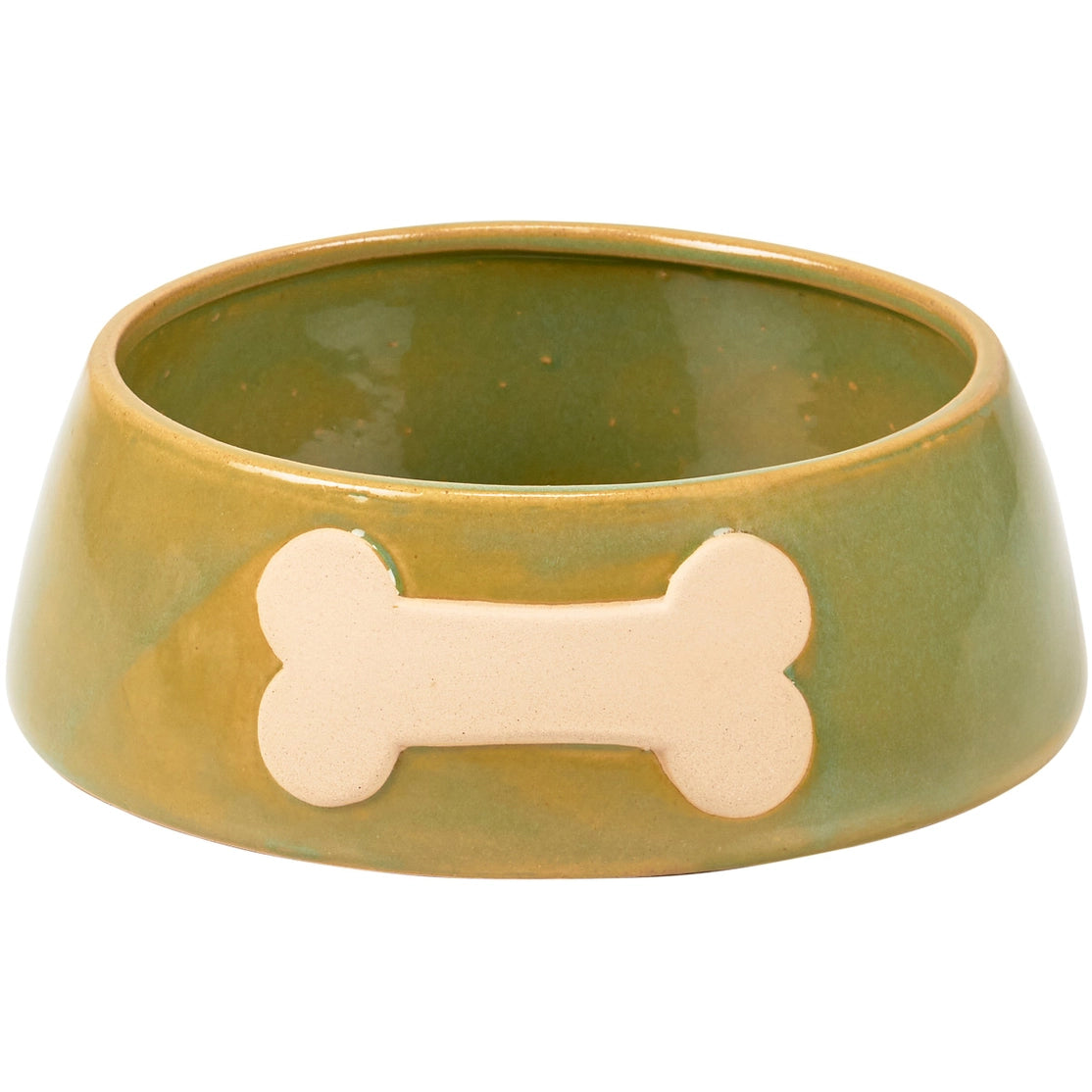 Green ceramic dog bowl with a bone-shaped cutout on a white background