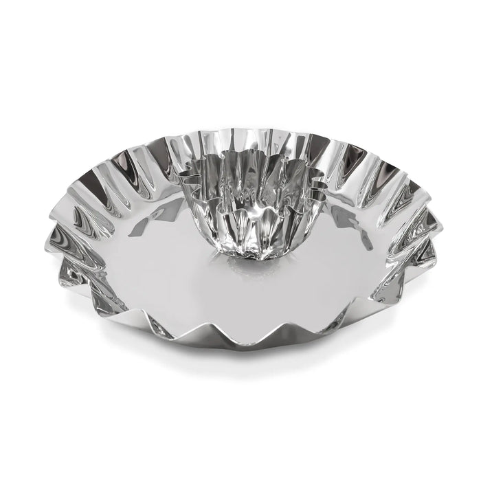 Silver decorative bowl with a textured surface on a white background