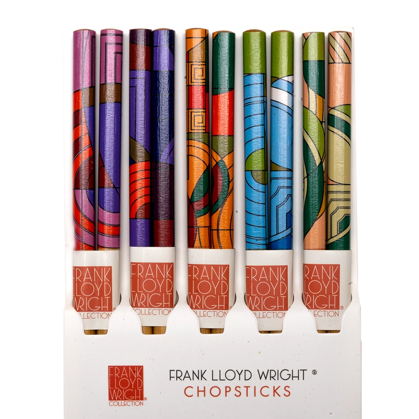Set of colorful chopsticks with Frank Lloyd Wright branding on a white background