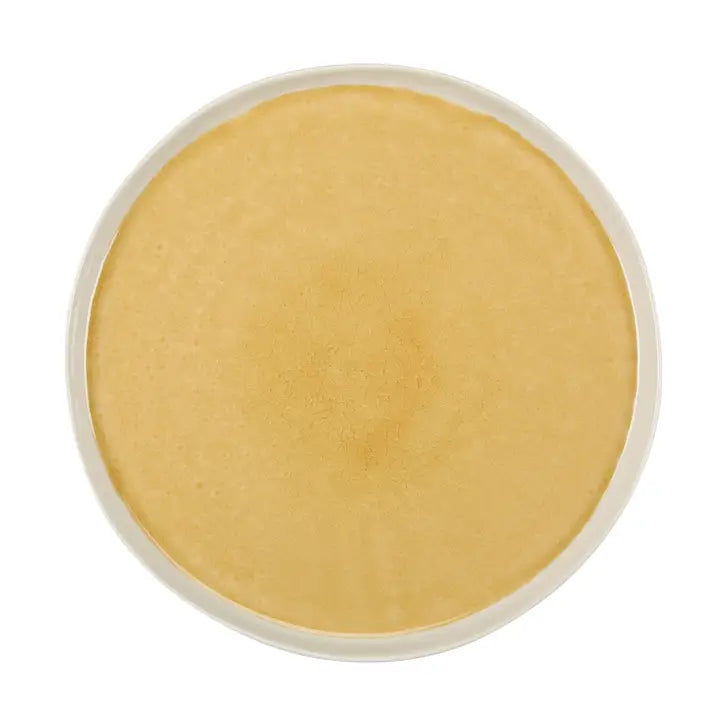 Round yellow dinner plate with a white rim on a white background