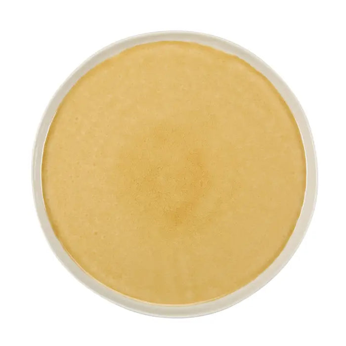Round yellow dinner plate with a white rim on a white background