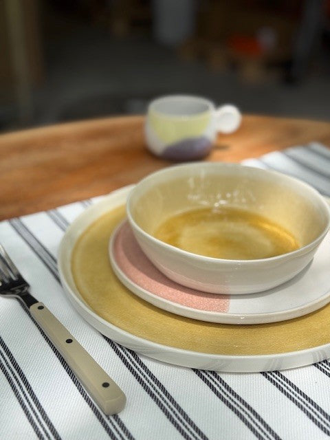 dinner plate, side plate and bowl in pastel colors