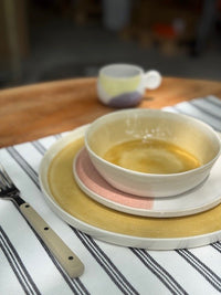 dinner plate, side plate and bowl in pastel colors