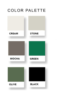 Color palette with squares labeled cream, stone, mocha, green, olive, and black on a white background.